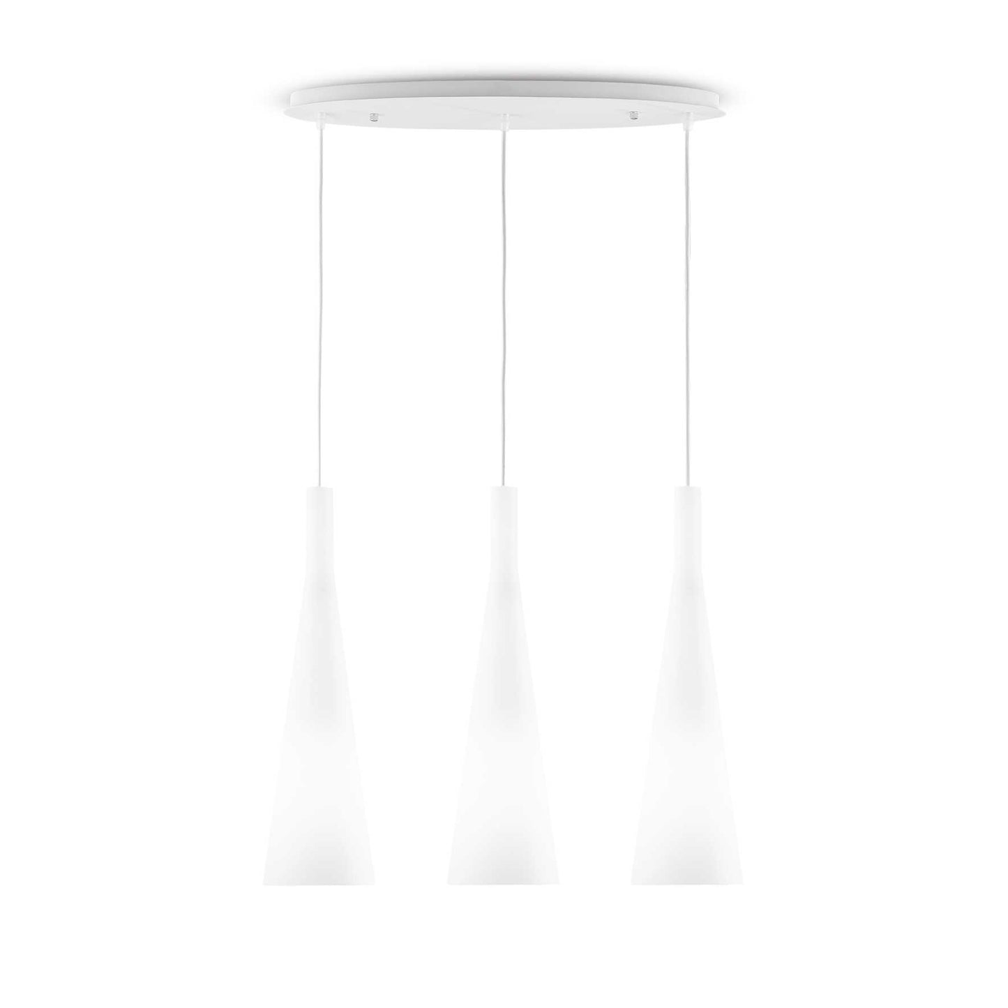 Ideallux Pendelleuchte MILK 3-flammig aus weiß lackiertem Metall und Glas, höhenverstellbar, dimmbar, modern und stilvoll.