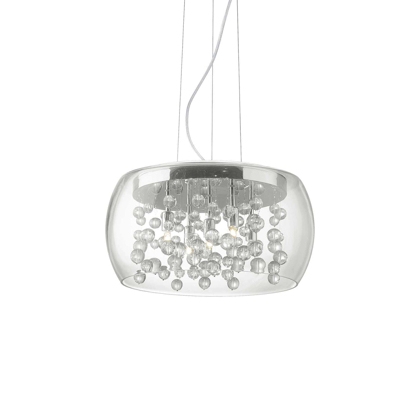 Ideallux Pendelleuchte Audi-80, transparent, 5 dimmbare Glaskugeln, verchromter Metallrahmen, höhenverstellbar, Ø40cm, G9 Sockel