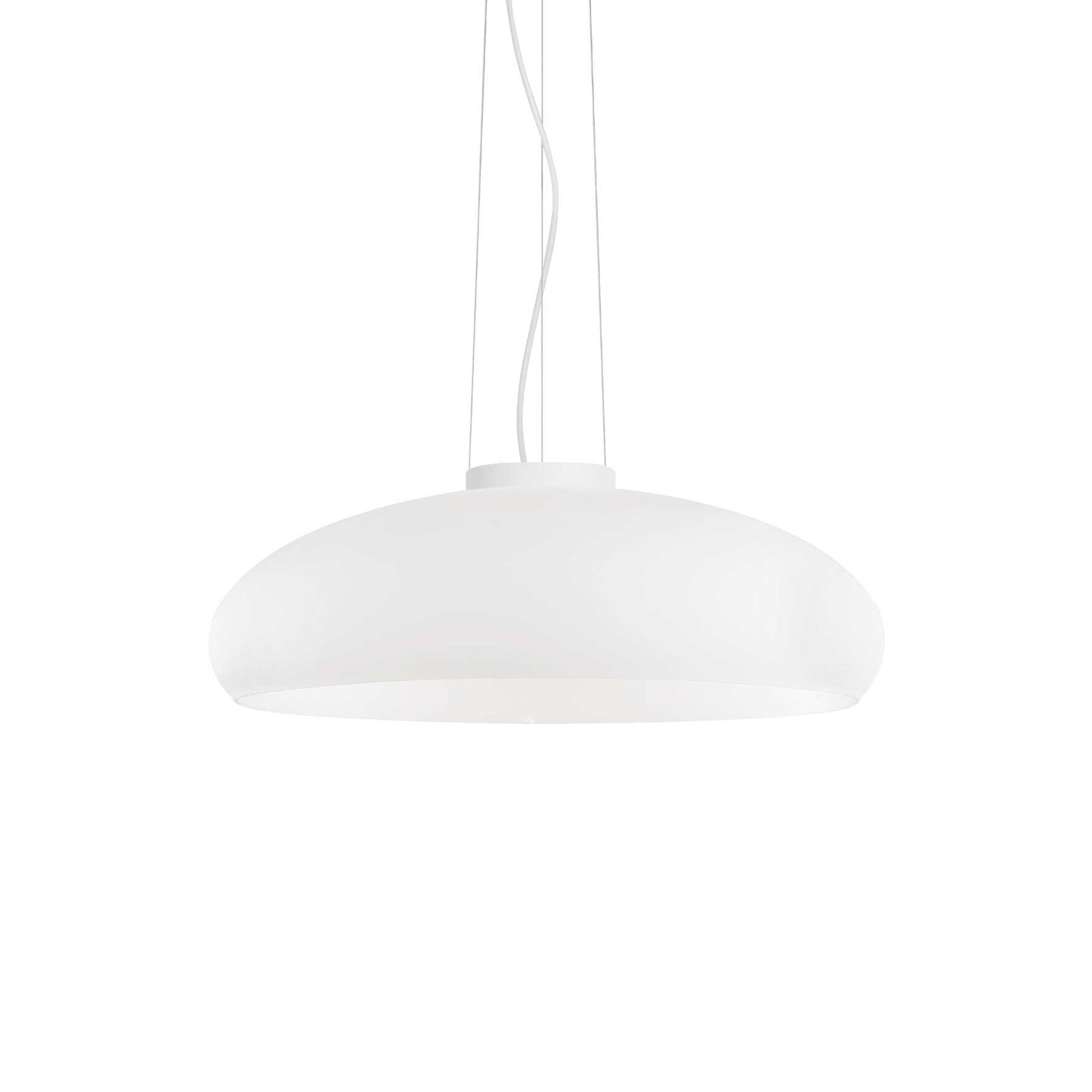 Ideallux Deckenleuchte Aria in weißem Glas mit höhenverstellbarem Stahlkabel, dimmbar, Durchmesser 49,5cm.