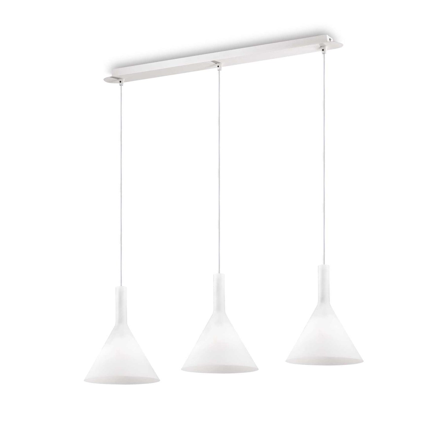 Ideallux Pendelleuchte COCKTAIL 3, dimmable, adjustable height, white glass pendant light with three E14 bulb sockets.