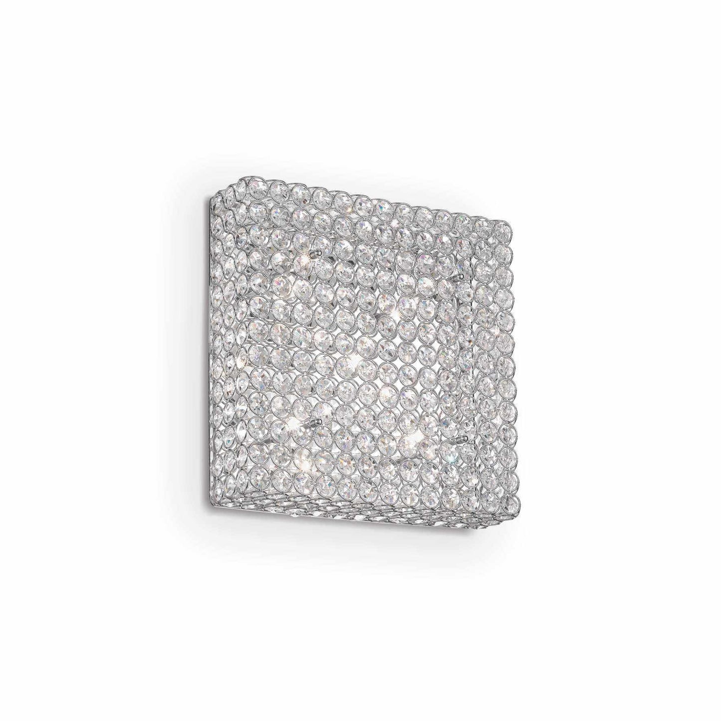 Ideallux Deckenleuchte Admiral with six dimmable lights, chrome metal and crystal design, square shape, G9 socket, 230V.