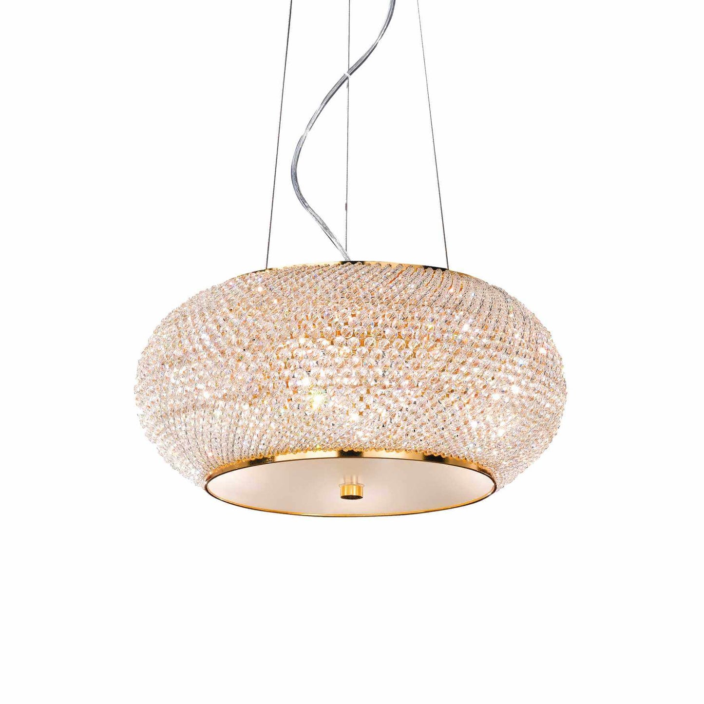 Ideallux PASHA' 6-light gold pendant lamp with crystal beads, adjustable height, Ø45cm, E14 socket, dimmable, elegant design.