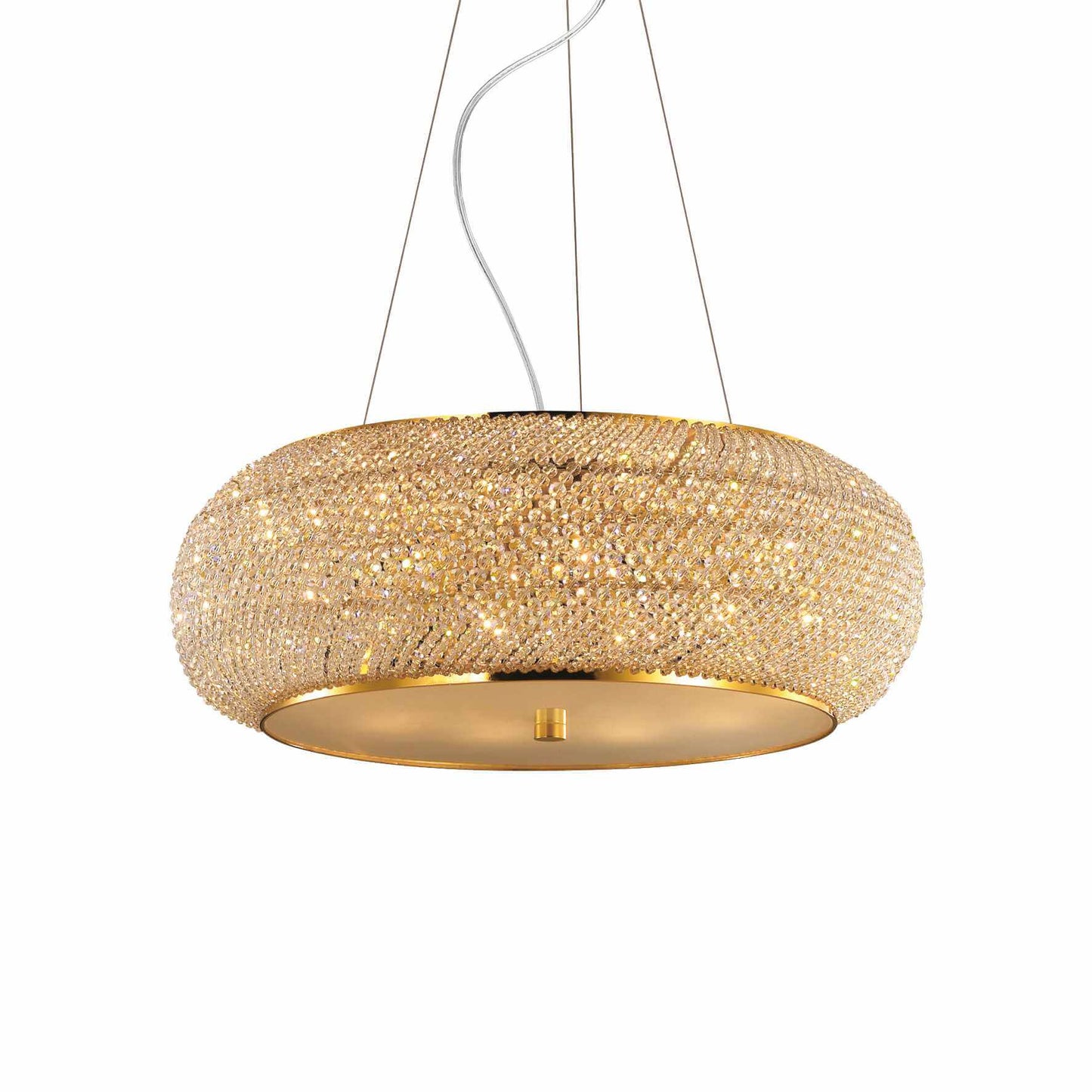 Ideallux Pasha 10-flammig gold pendant light with crystal beads and adjustable height, featuring E14 sockets, Ø55cm diameter.