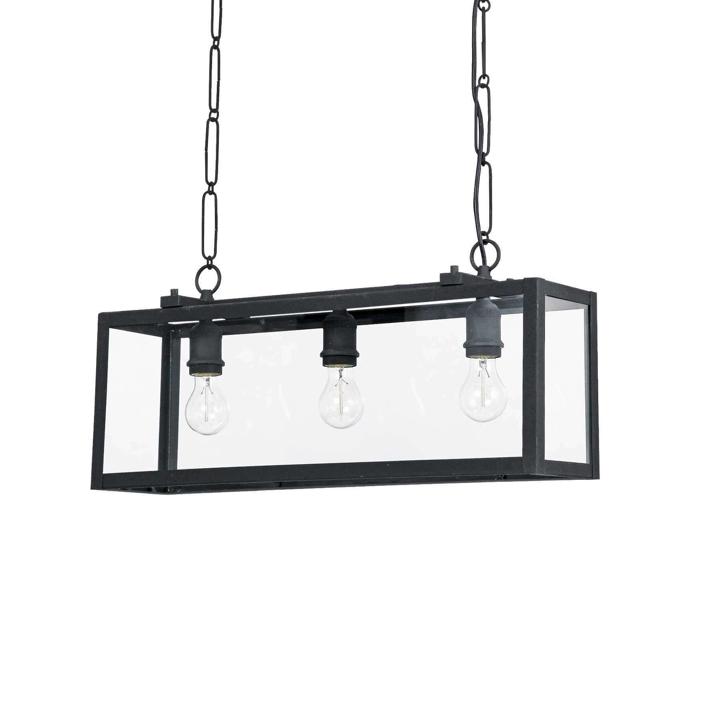 Ideallux Igor 3-flame pendant light with dimmable E27 sockets, black metal and glass design, height adjustable.