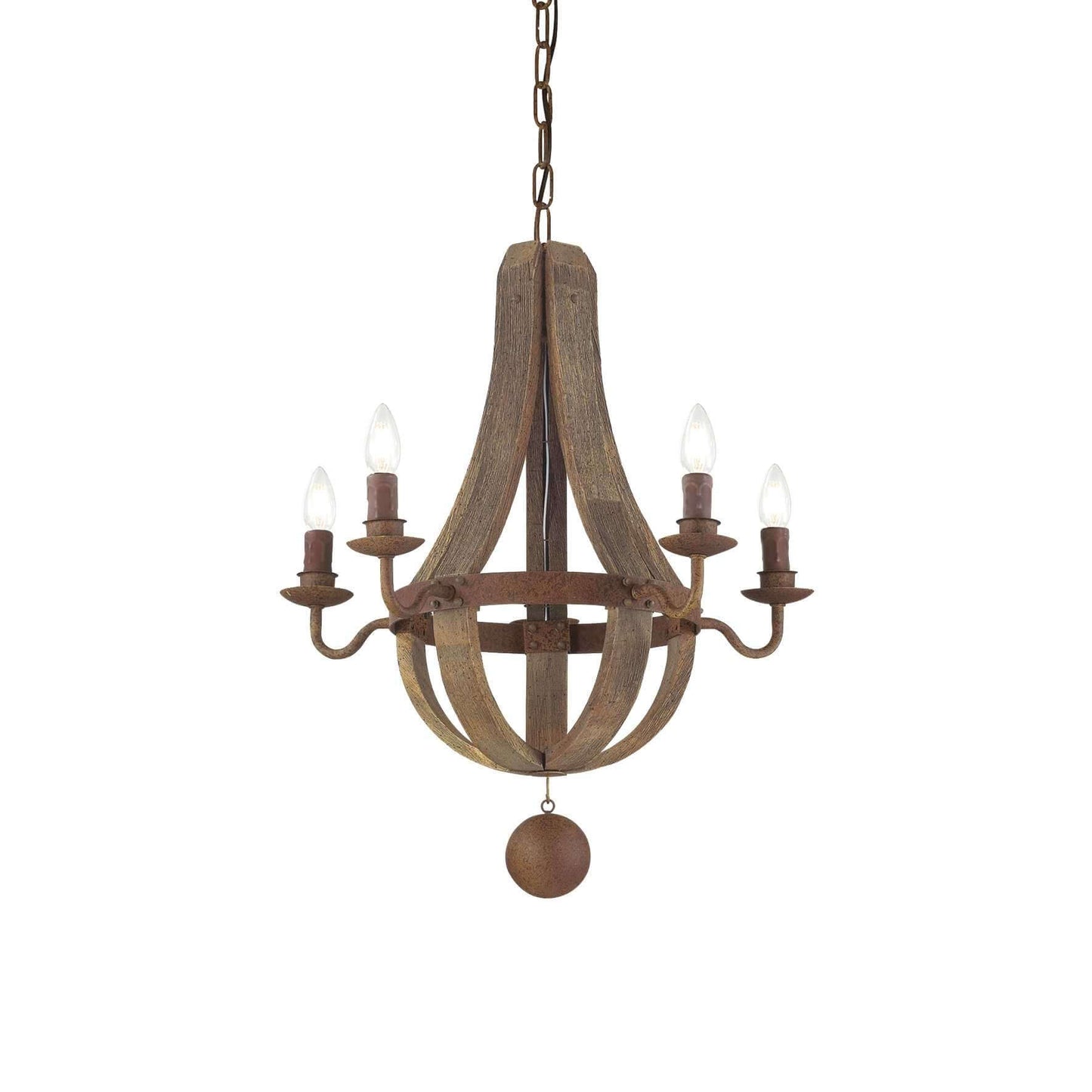 Ideallux Korblüster MILLENNIUM 5Flammig chandelier with rustic metal and wood design, adjustable height, 5 E14 sockets, dimmable.