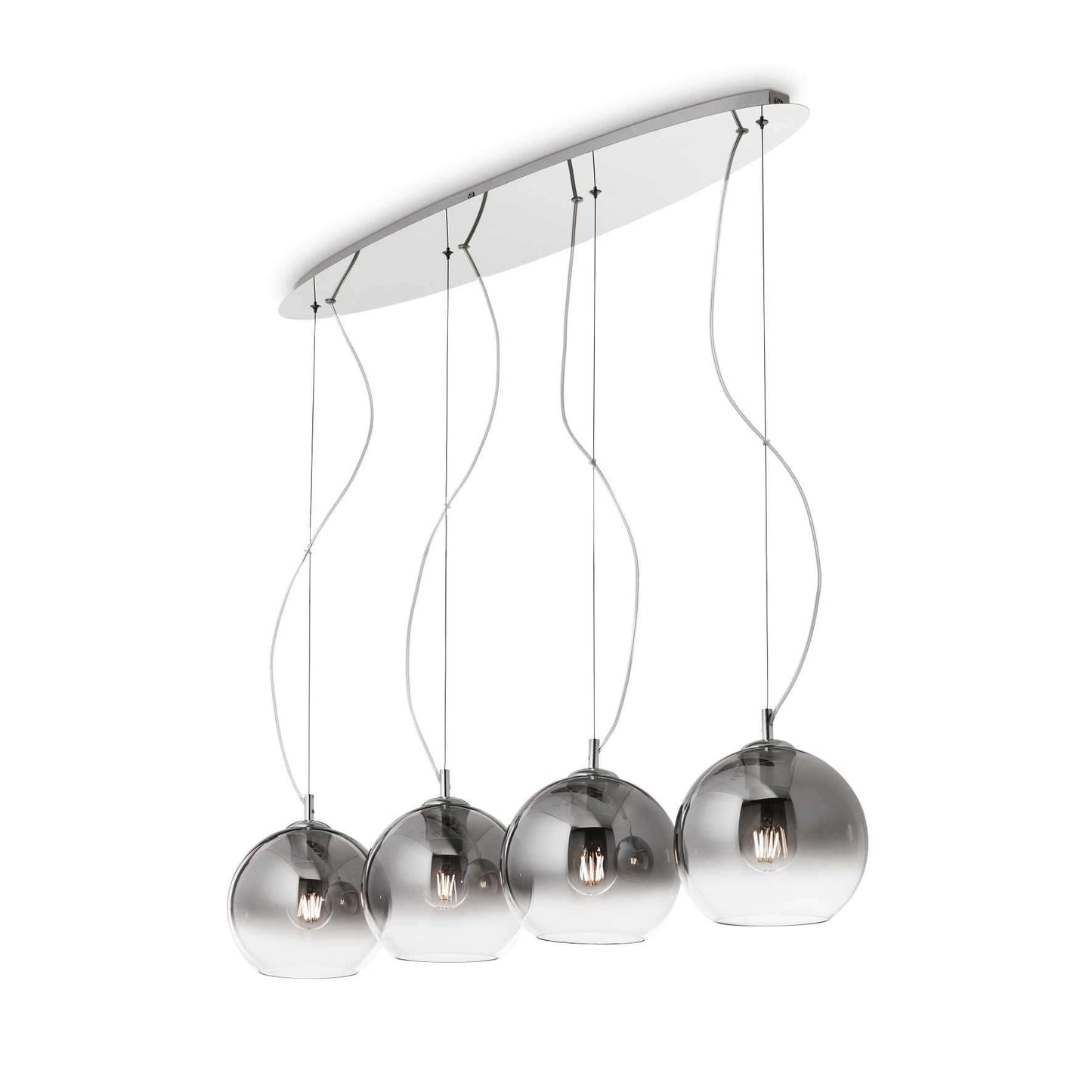 Ideallux Nemo Plus pendant lamp with four dimmable bulbs, chrome and blown glass design, adjustable steel cables.