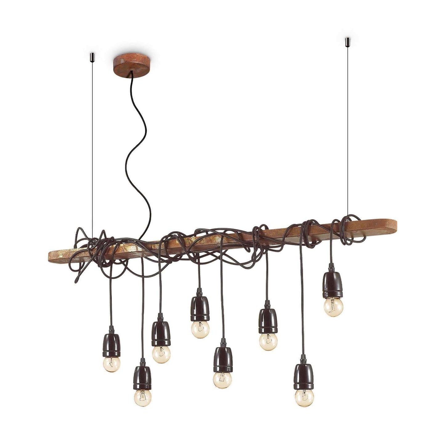 Ideallux Electric 8-light pendant lamp with metal and ceramic design, featuring adjustable cords and dimmable bulbs.