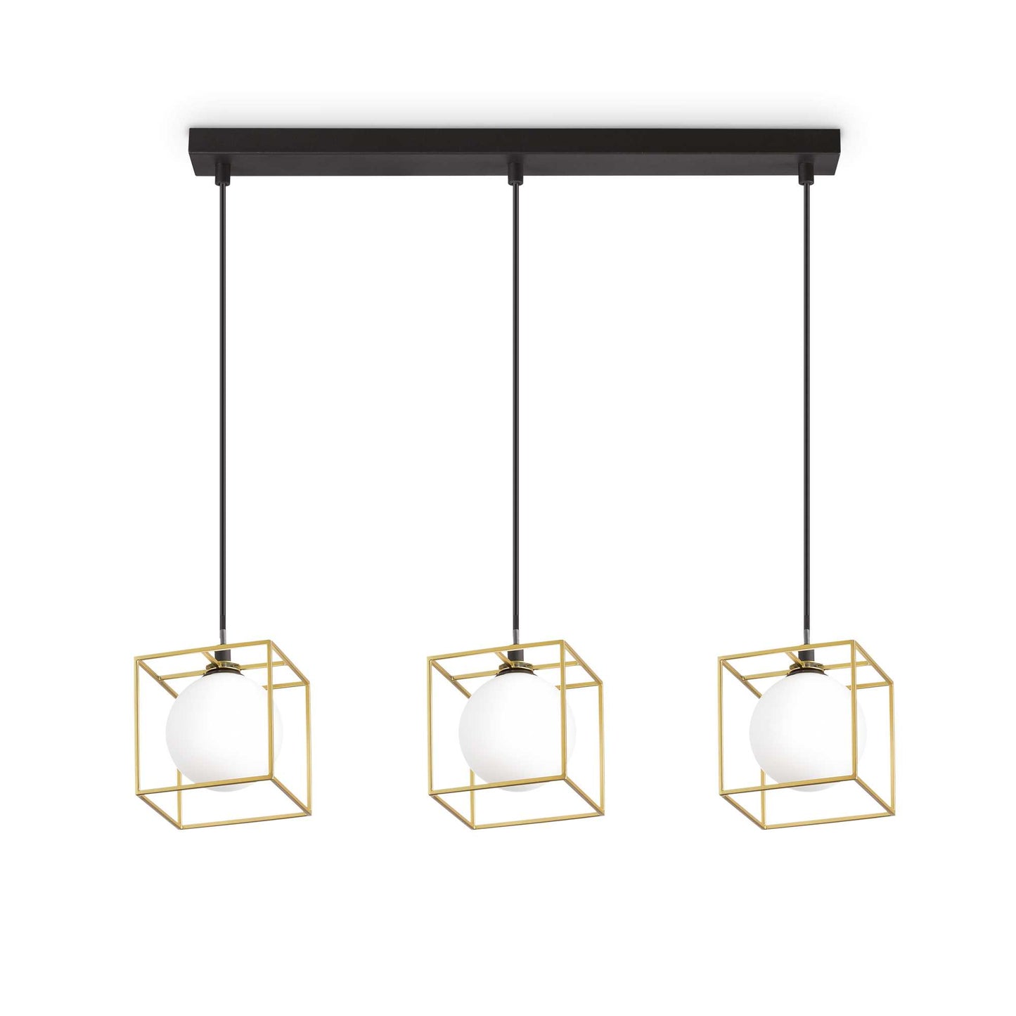 Ideallux LINGOTTO 3-light pendant lamp in matte black and brass with adjustable height, featuring three cube-shaped glass diffusers.