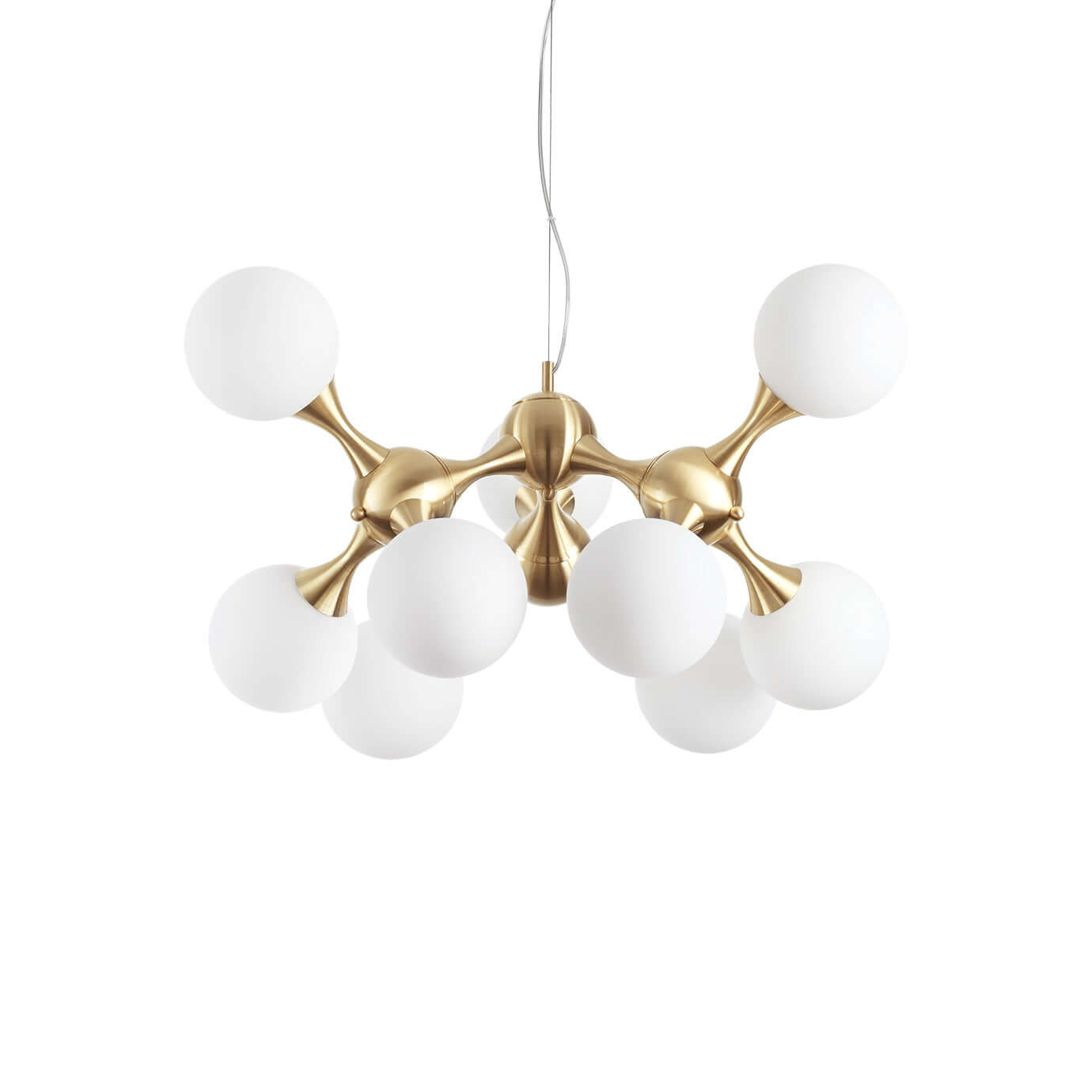 Moderne Hängeleuchte Nodi mit 9 weißen Glasleuchten und Messingdetails, ideal für stilvolle Beleuchtung.