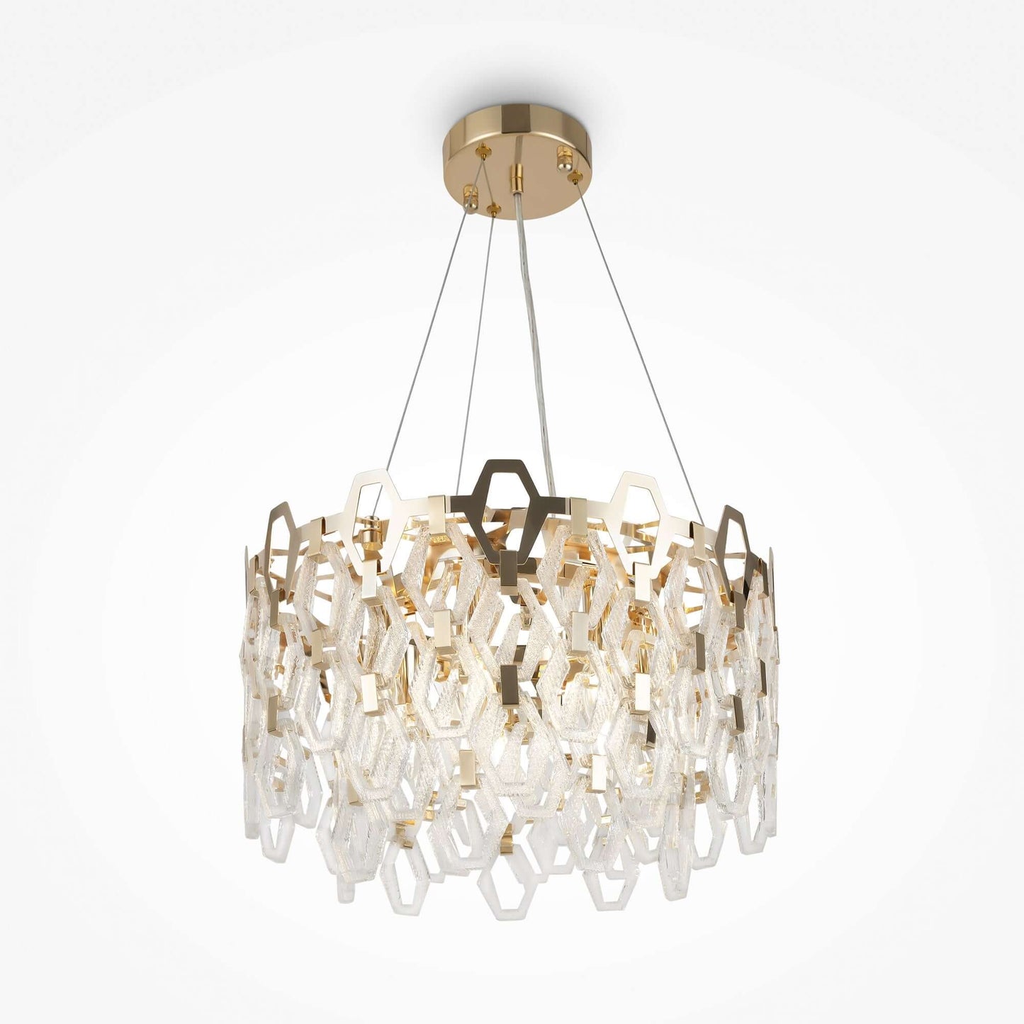 Maytoni Tissage large pendant light with brass and crystal, geometric design, dimmable, adjustable height, gold metal accents.