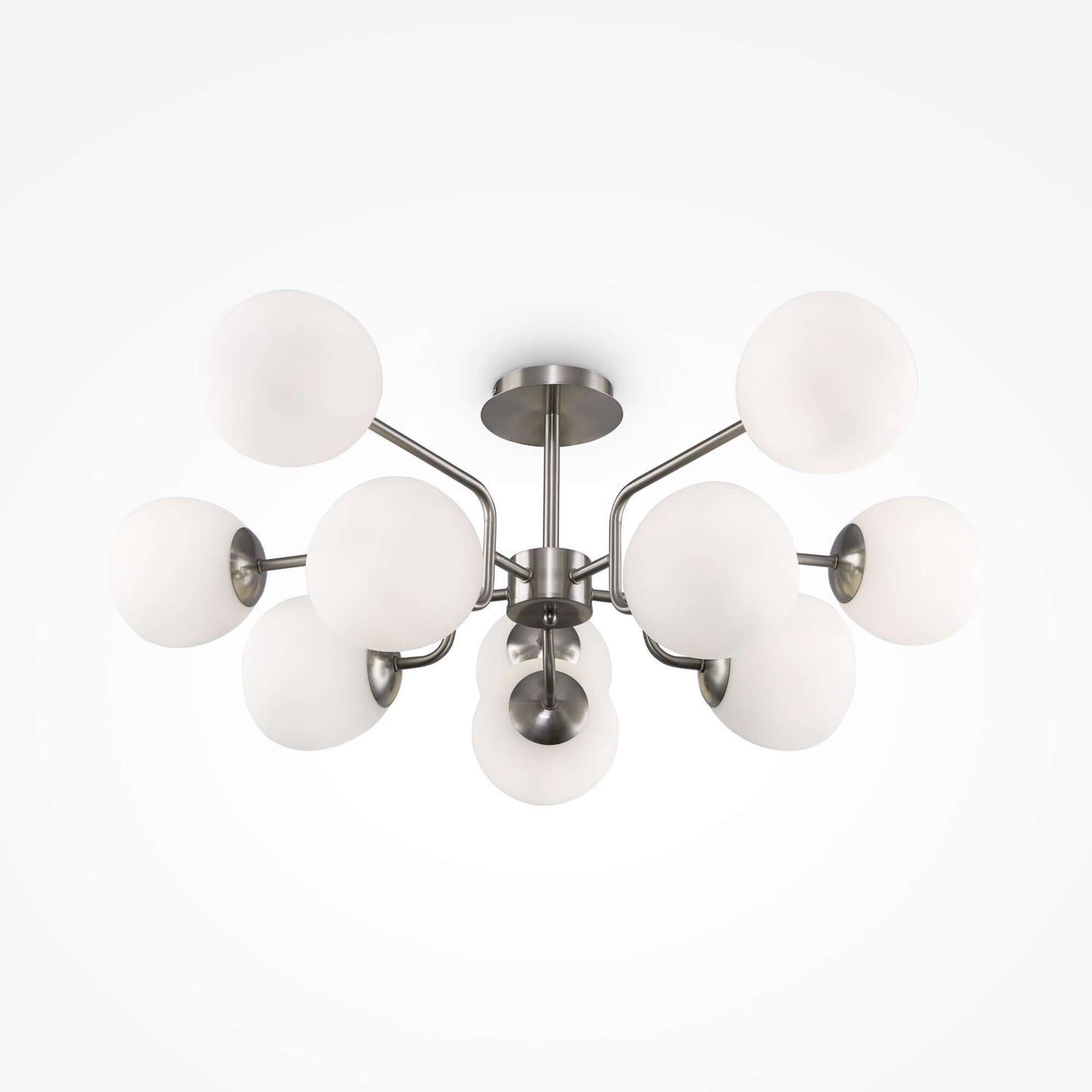 Maytoni Deckenleuchte Erich Nickel, dimmable ceiling light with 10 white glass globes and nickel metal finish, modern design.
