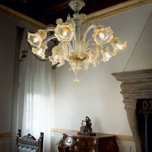 Luxurious Rialto chandelier with 8 lights in hand-blown amber glass, elegant decor enhancement.