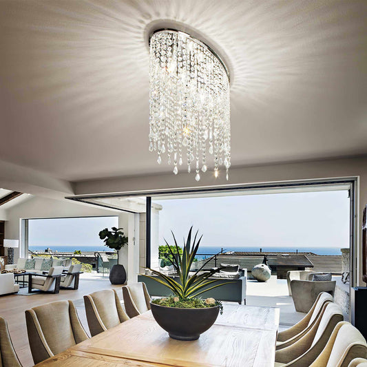 Modern dining room with a 5-flame Kristall Deckenleuchte RAIN, featuring sparkling lead crystals, enhancing elegance and style.