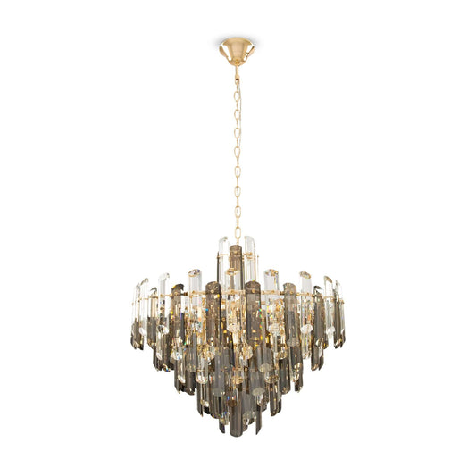 Pendelleuchte Flare mit klaren und rauchigen Glaskristallstäben, dimmbar, Ø60cm, höhenverstellbare Messingkette