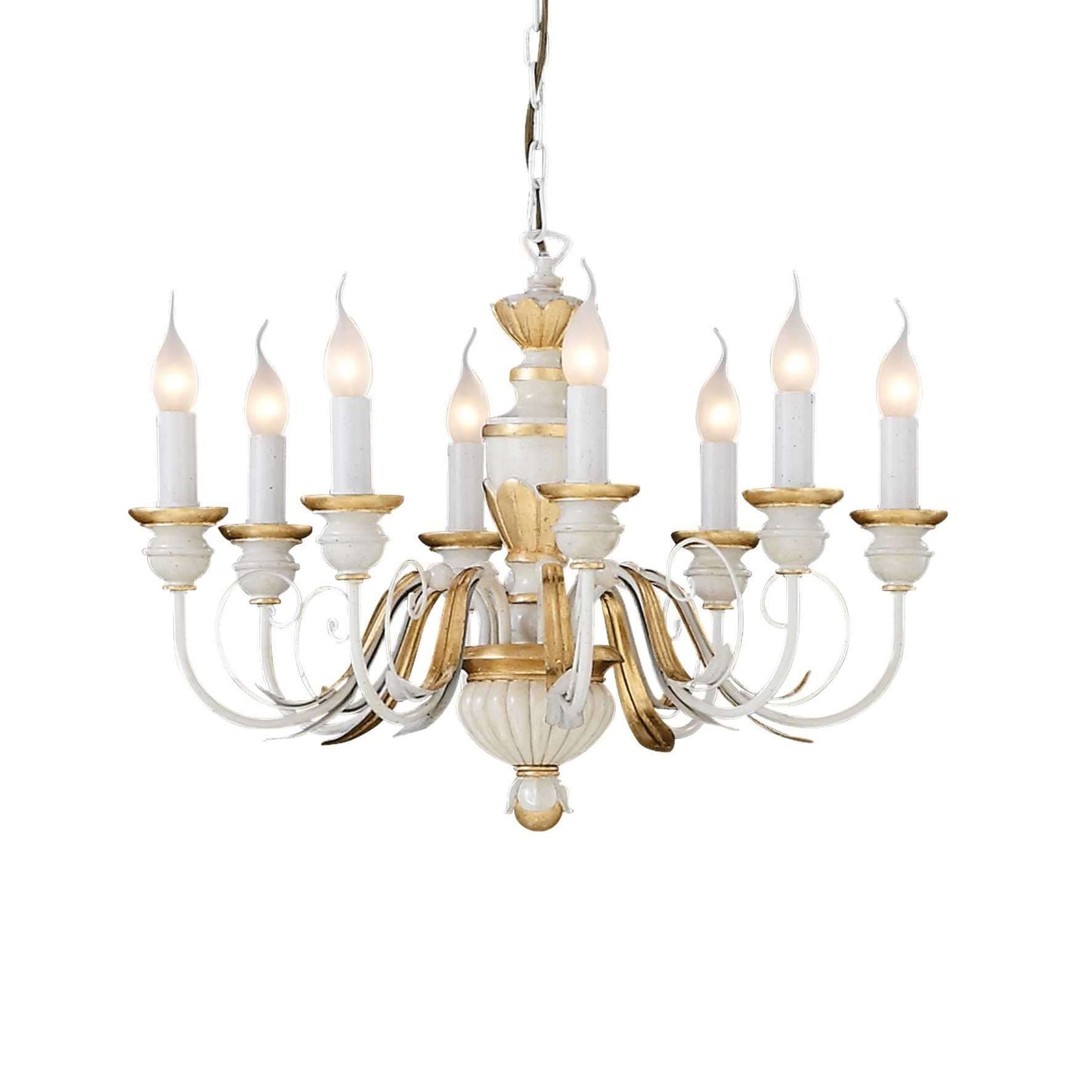 Ideallux Kronleuchter FIRENZE chandelier with 8 white lights, hand-crafted metal, dimmable, featuring E14 sockets and gold detailing.