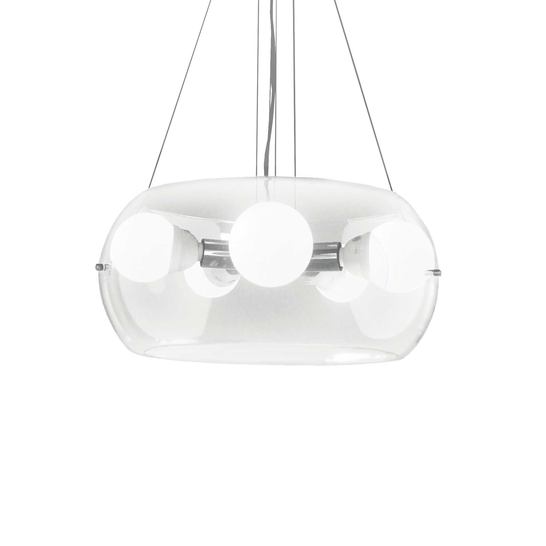 Ideallux Pendelleuchte Audi-10 transparent lamp with glass diffuser, chrome metal frame, adjustable steel cable, E27 sockets.
