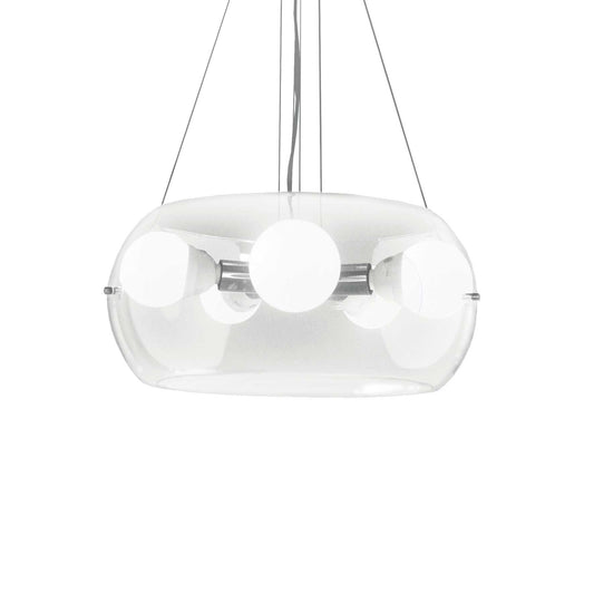 Ideallux Pendelleuchte Audi-10 transparent lamp with glass diffuser, chrome metal frame, adjustable steel cable, E27 sockets.