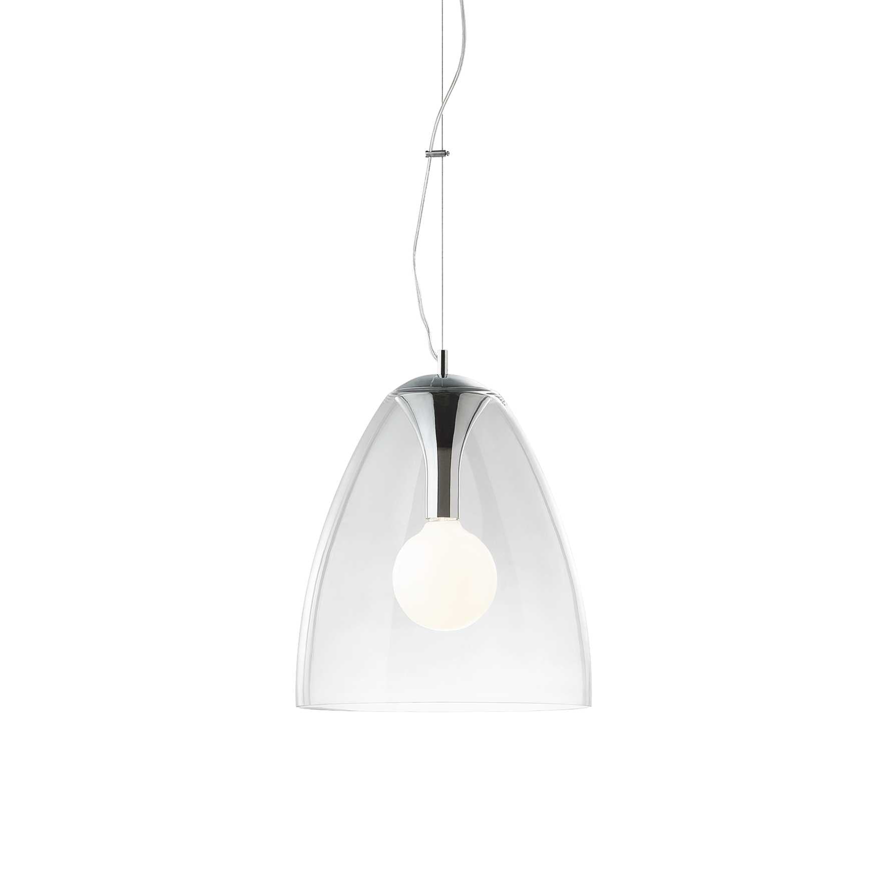 Ideallux Pendelleuchte Audi-20 transparent Glas mit verchromtem Metall, dimmbar, höhenverstellbar, modernes Design für Innenräume.