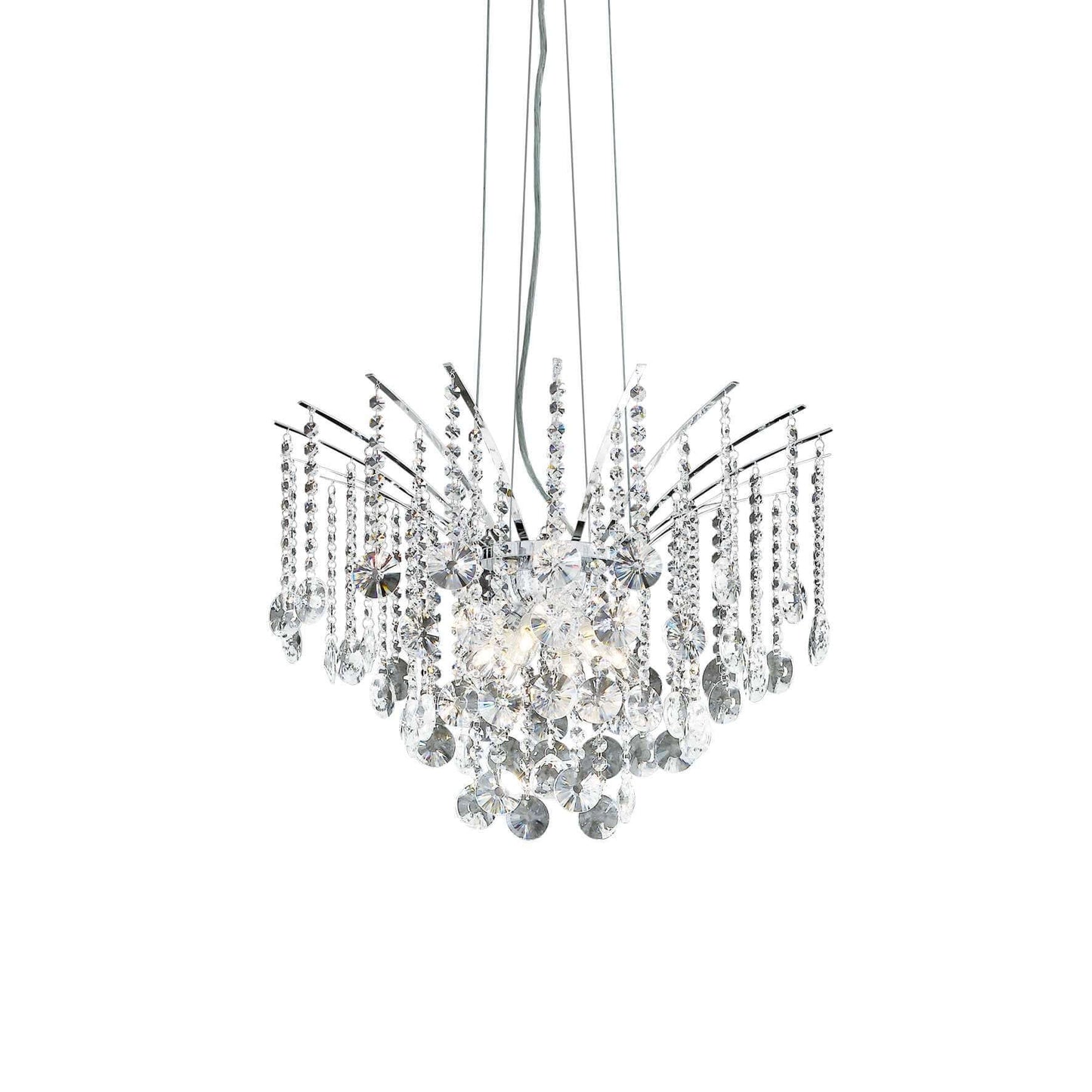 Ideallux Audi-77 pendant light with 6 dimmable bulbs, chrome metal and crystal design, adjustable cable length, G9 socket.