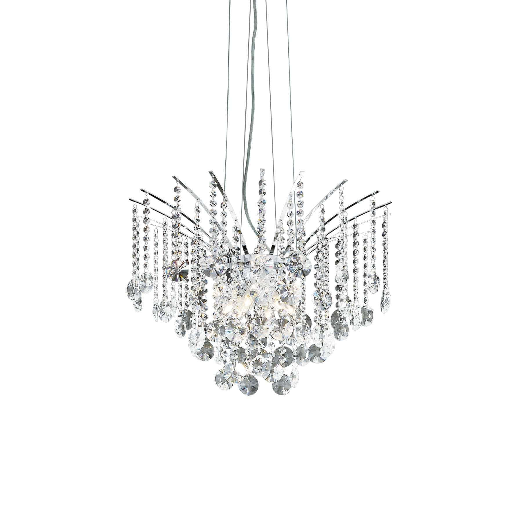 Ideallux Audi-77 pendant light with 6 dimmable bulbs, chrome metal and crystal design, adjustable cable length, G9 socket.