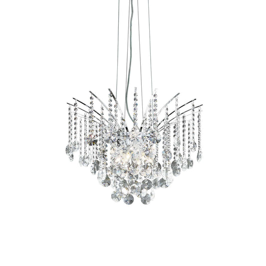 Ideallux Audi-77 pendant light with 6 dimmable bulbs, chrome metal and crystal design, adjustable cable length, G9 socket.