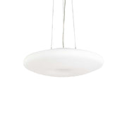 Ideallux GLORY 50cm pendant light with satin nickel and white blown glass, featuring an adjustable height and dimmable E27 bulbs.