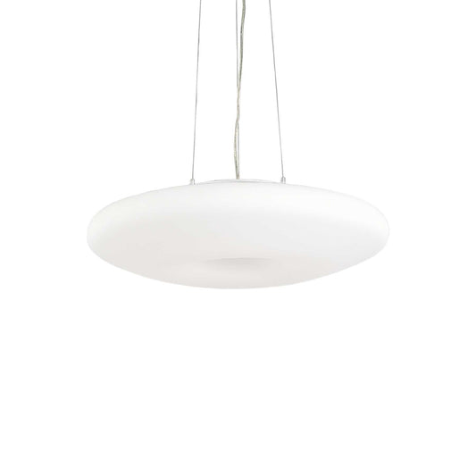 Ideallux GLORY 50cm pendant light with satin nickel and white blown glass, featuring an adjustable height and dimmable E27 bulbs.