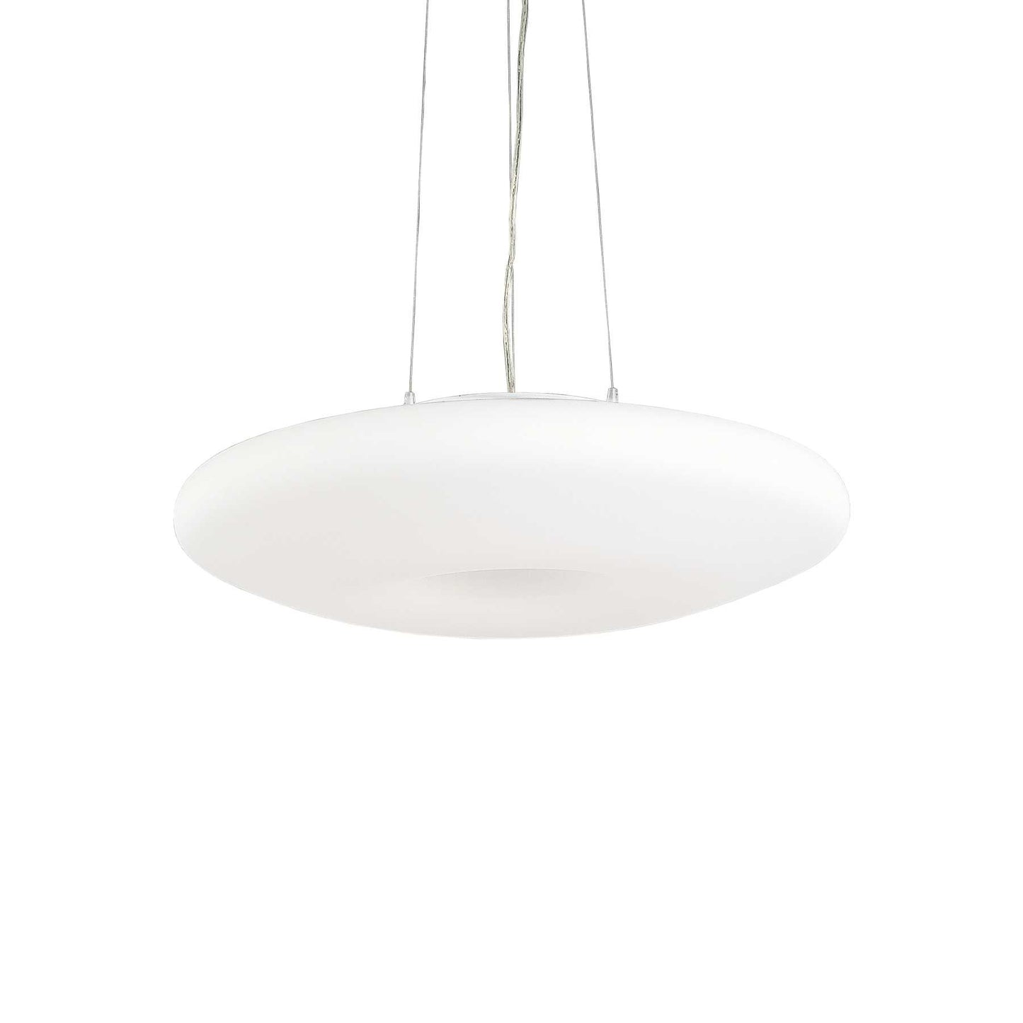 Ideallux GLORY 60cm pendant light with satin nickel frame and white blown glass diffuser, adjustable cable height, dimmable E27 bulb.