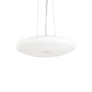 Ideallux GLORY 60cm pendant light with satin nickel frame and white blown glass diffuser, adjustable cable height, dimmable E27 bulb.