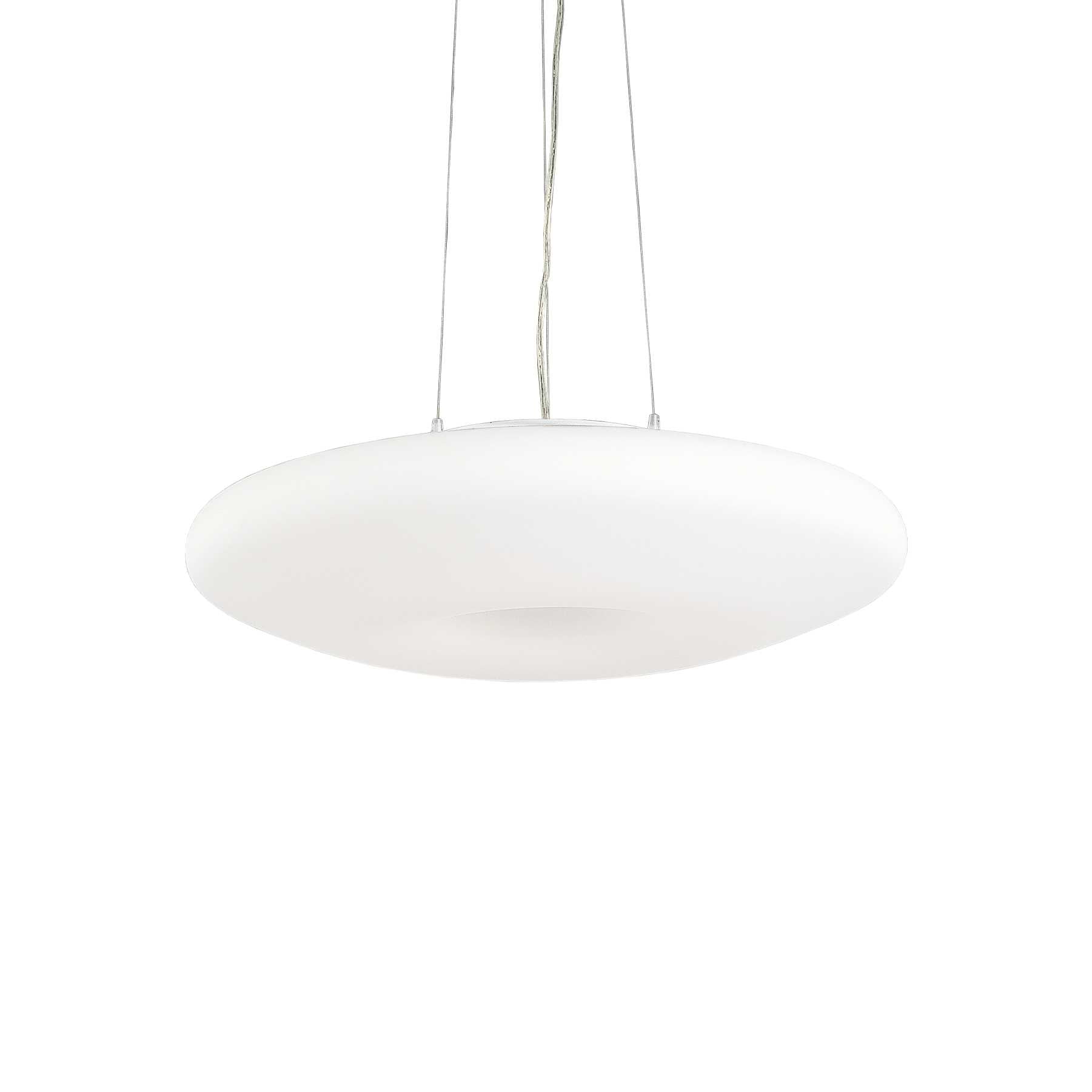 Ideallux GLORY 60cm pendant light with satin nickel frame and white blown glass diffuser, adjustable cable height, dimmable E27 bulb.