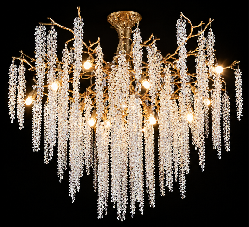 Luxus Designer Kronleuchter in Gold – Exklusive Kristall Hängeleuchte im Wisteria Design