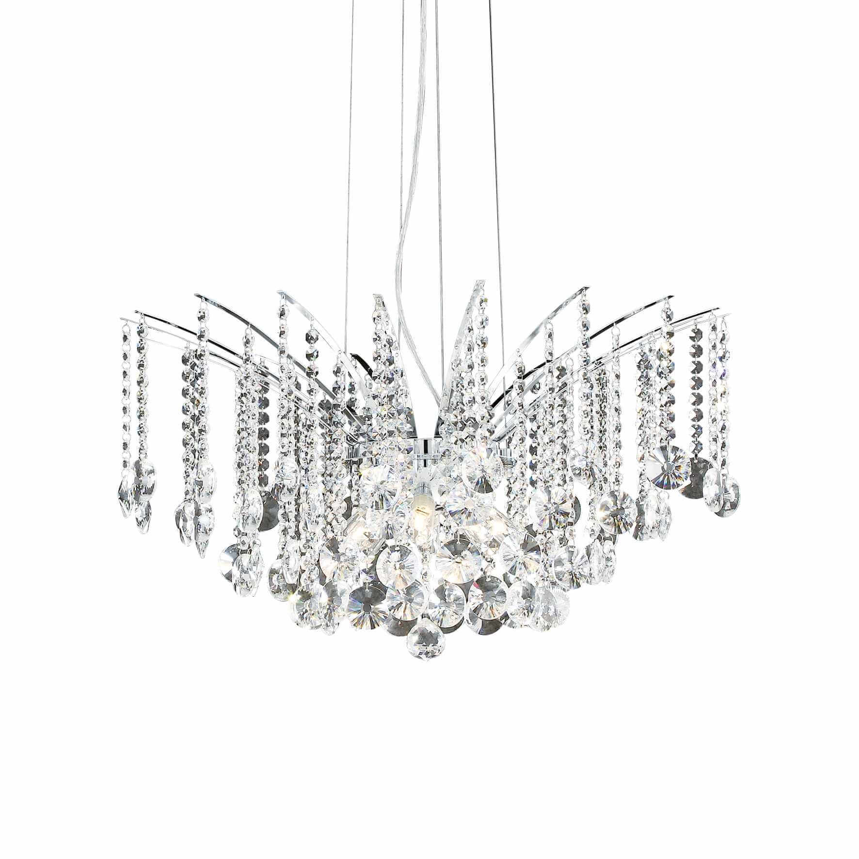 Ideallux Audi-77 crystal pendant light with 8 adjustable lamps, chrome metal and glass design.