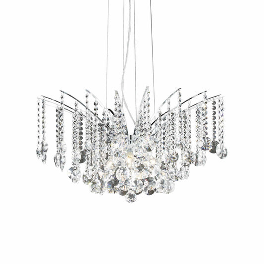 Ideallux Audi-77 crystal pendant light with 8 adjustable lamps, chrome metal and glass design.