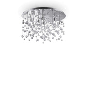 Modern chrome ceiling light fixture with transparent glass spheres, featuring 12 dimmable LEDs, ideal for home decor and lighting.