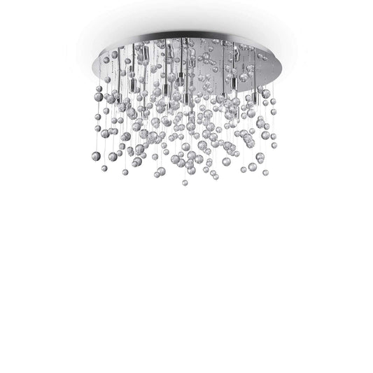 Modern chrome ceiling light fixture with transparent glass spheres, featuring 12 dimmable LEDs, ideal for home decor and lighting.