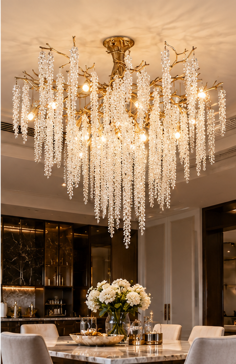 Luxus Designer Kronleuchter in Gold – Exklusive Kristall Hängeleuchte im Wisteria Design
