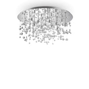 Chrom-metallic Ideallux NEVE ceiling light with 15 dimmable lamps and transparent glass spheres, Ø80cm, for luxury home decor.