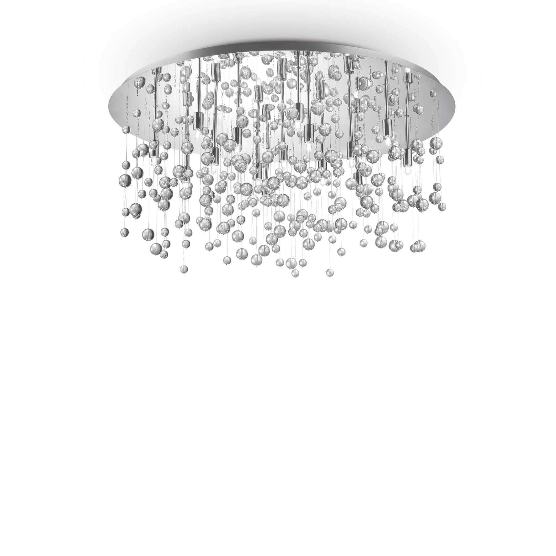 Chrom-metallic Ideallux NEVE ceiling light with 15 dimmable lamps and transparent glass spheres, Ø80cm, for luxury home decor.