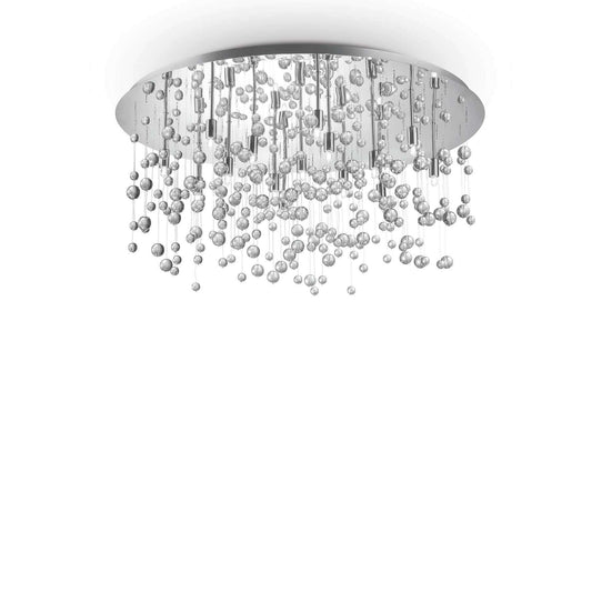 Chrom-metallic Ideallux NEVE ceiling light with 15 dimmable lamps and transparent glass spheres, Ø80cm, for luxury home decor.