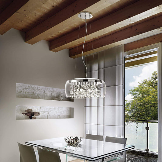 Modern dining room featuring Kristall Hängeleuchte AUDI-80 with transparent glass and crystal accents.