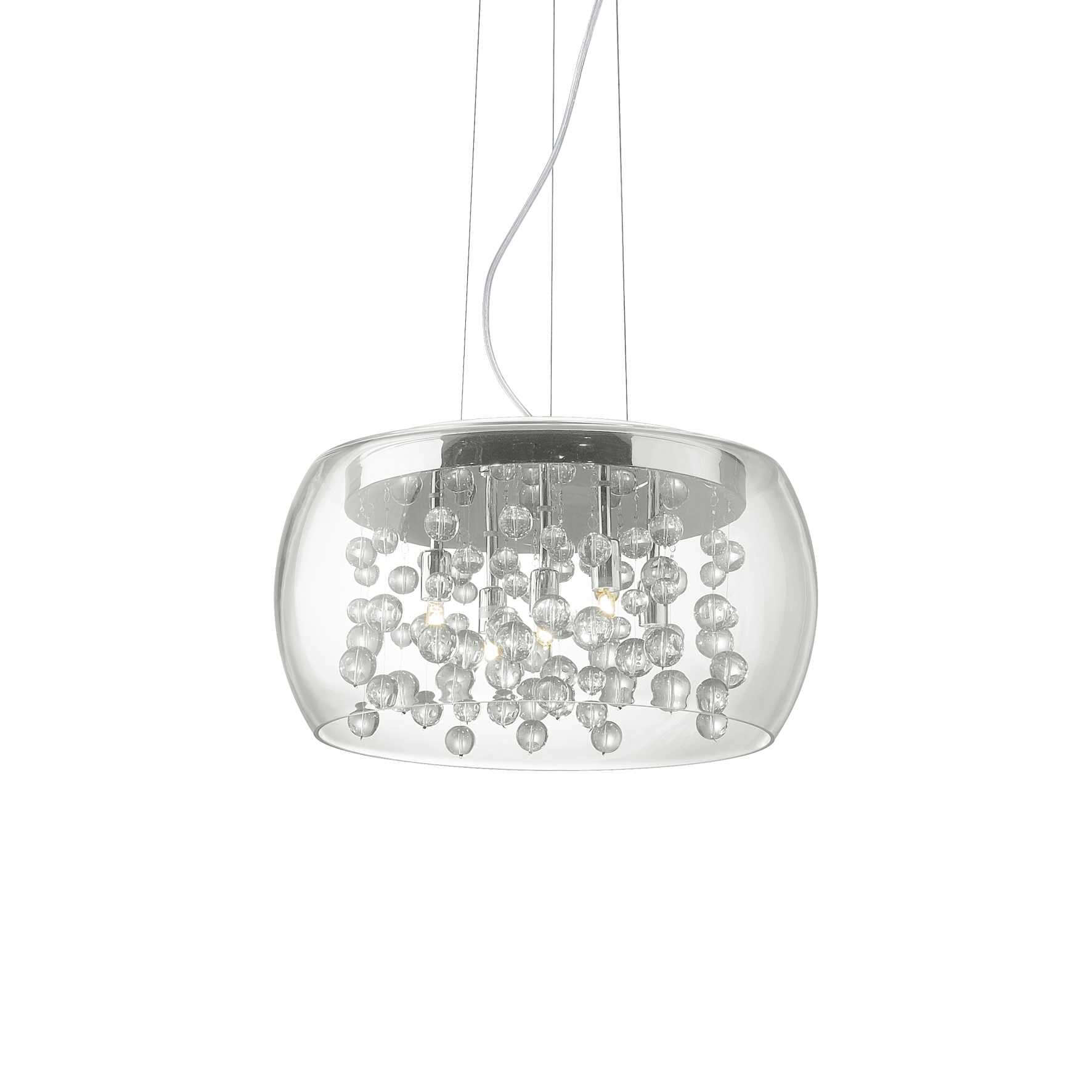 Ideallux Pendelleuchte Audi-80, transparent, 5 dimmbare Glaskugeln, verchromter Metallrahmen, höhenverstellbar, Ø40cm, G9 Sockel
