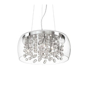 Ideallux Pendelleuchte Audi-80 transparent chandelier with chrome metal and glass spheres, 8 dimmable lights, adjustable height.