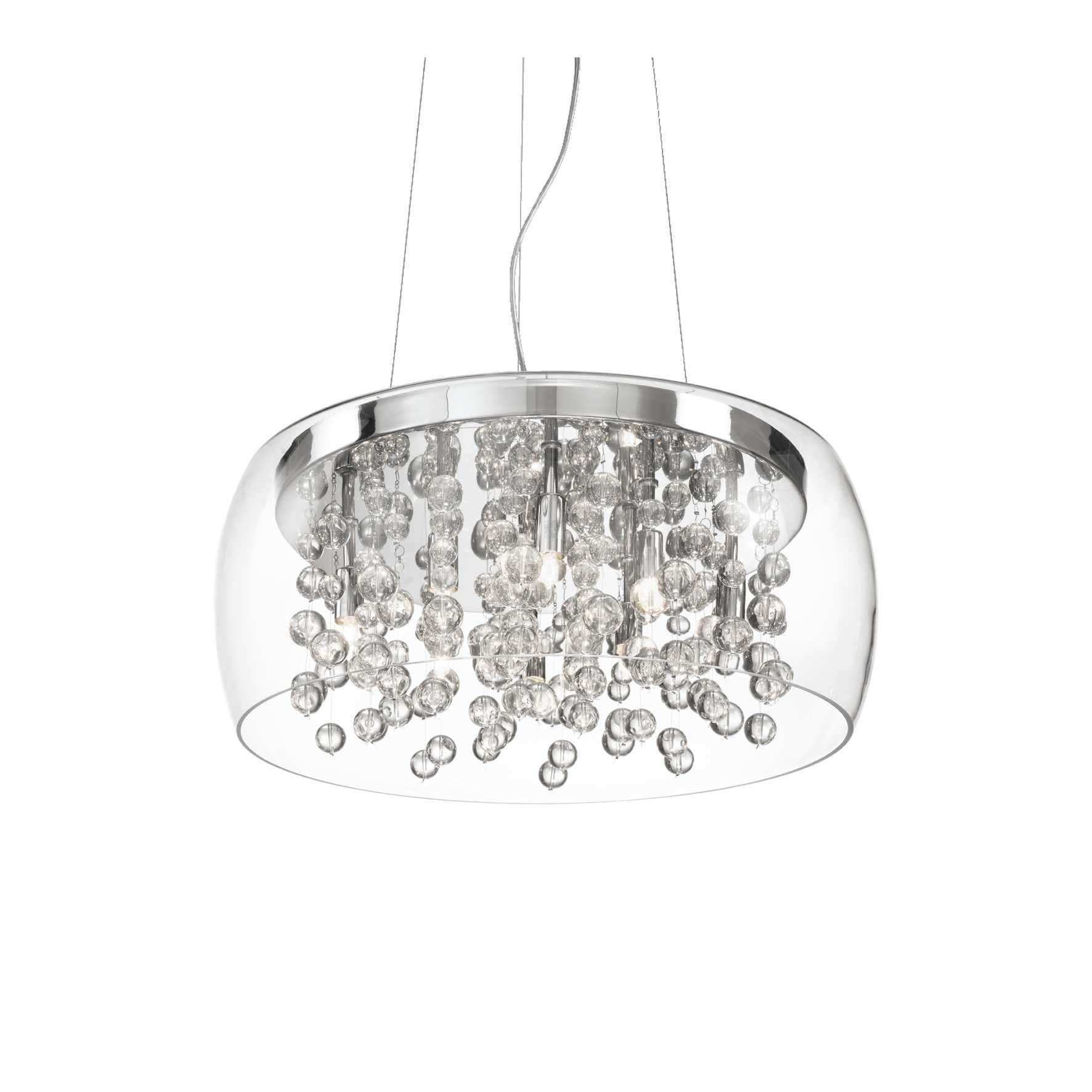Ideallux Pendelleuchte Audi-80 transparent chandelier with chrome metal and glass spheres, 8 dimmable lights, adjustable height.