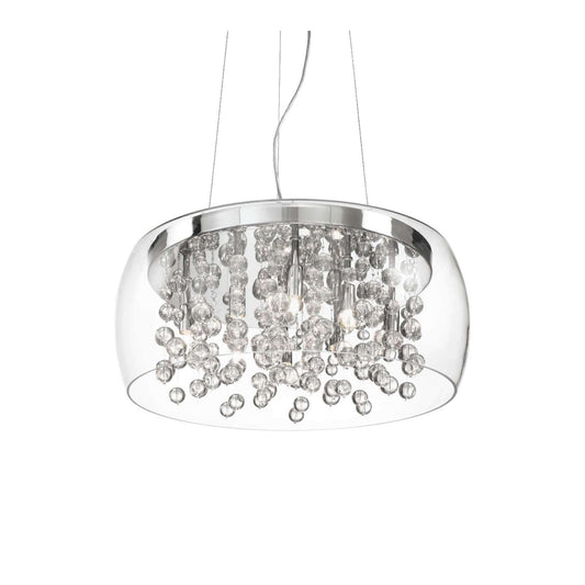 Ideallux Pendelleuchte Audi-80 transparent chandelier with chrome metal and glass spheres, 8 dimmable lights, adjustable height.