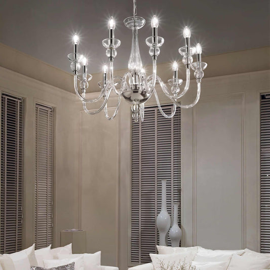 Elegant Ideal Lux DOGE chandelier with 9 hand-blown glass lights, 75cm diameter, in a modern living room setting.