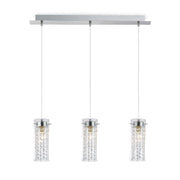 Ideallux IGUAZU 3-flame pendant light in chrome metal with Pyrex glass and crystal pendants, adjustable height. Modern design lighting.
