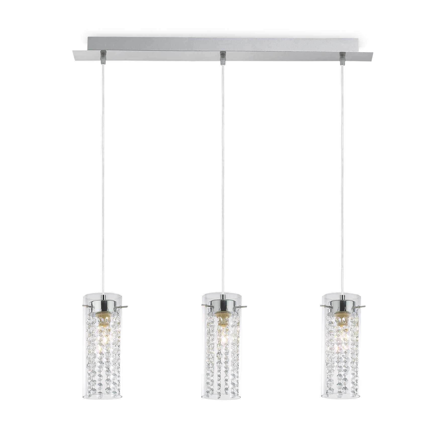 Ideallux IGUAZU 3-flame pendant light in chrome metal with Pyrex glass and crystal pendants, adjustable height. Modern design lighting.