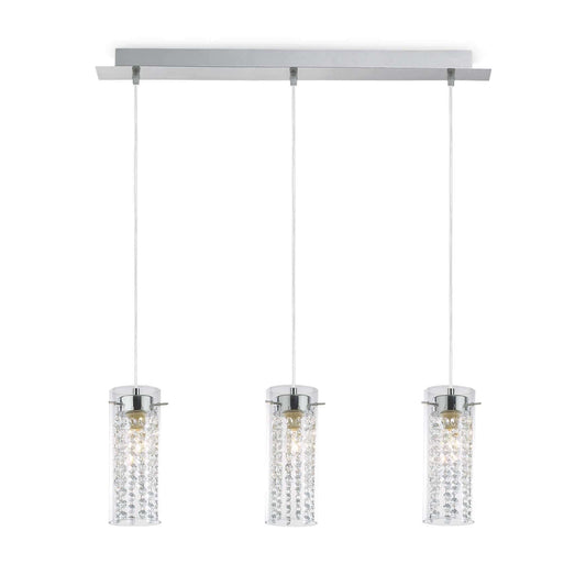 Ideallux IGUAZU 3-flame pendant light in chrome metal with Pyrex glass and crystal pendants, adjustable height. Modern design lighting.