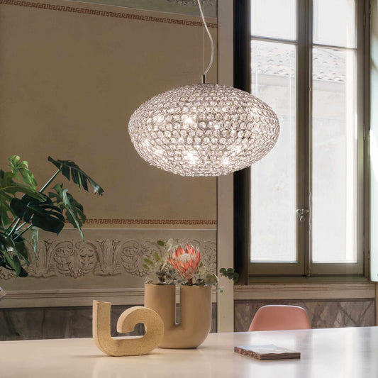 Ideal Lux Orion pendant light with crystals, silver finish, adjustable height, elegant lighting for dining or living area.