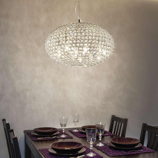 Exquisite silver Ideal Lux ORION Ø50cm pendant lamp with sparkling crystals, adjustable height for dining room elegance.